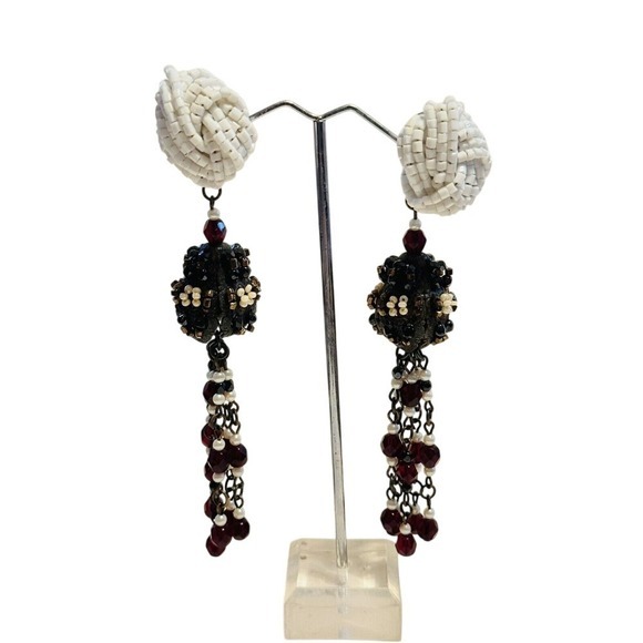 VTG Earrings Long Dangle statement Crystal glass Pearl Beaded Red‎ Rare clip 80s - Picture 1 of 6